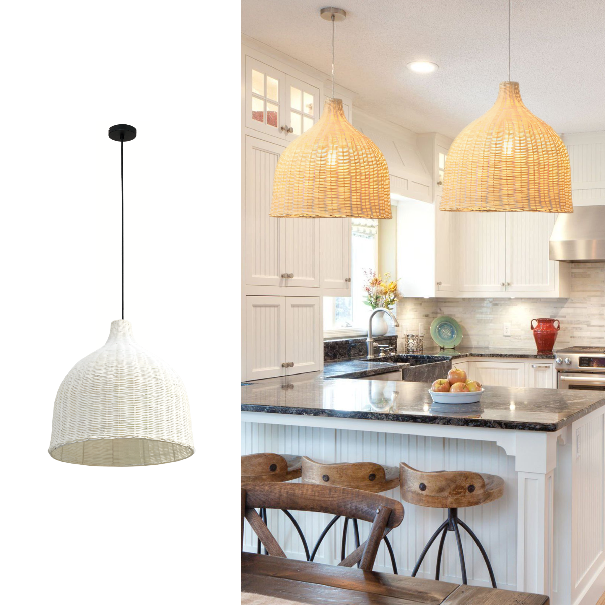 The picture is divided in 2 halfs. The left half is Heartnests's Baleria rattan pendant light on a white background. The right half is 2 Baleria rattan pendants are hung side by side over a black marble top kitchen island and 3 wooden stools