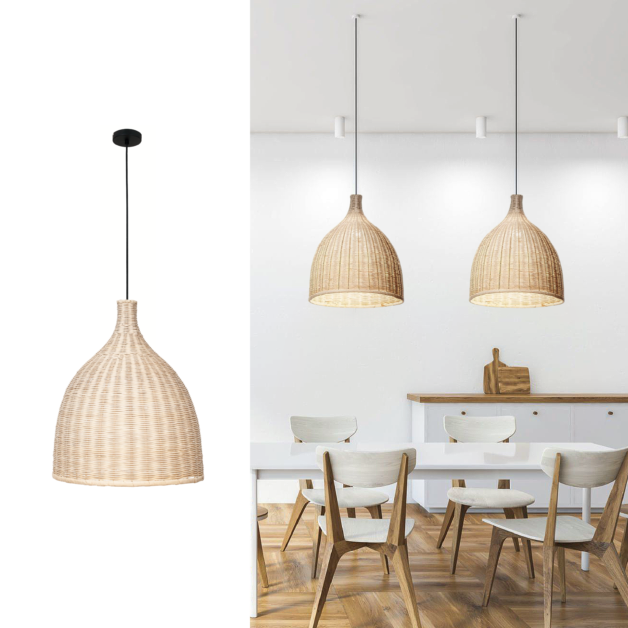 The picture is divided in 2 halfs. The left half is Heartnests's Baleria rattan pendant light on a white background. The right half is 2 Baleria rattan pendants are hung side by side over a dining wooden table with 2 wooden chairs