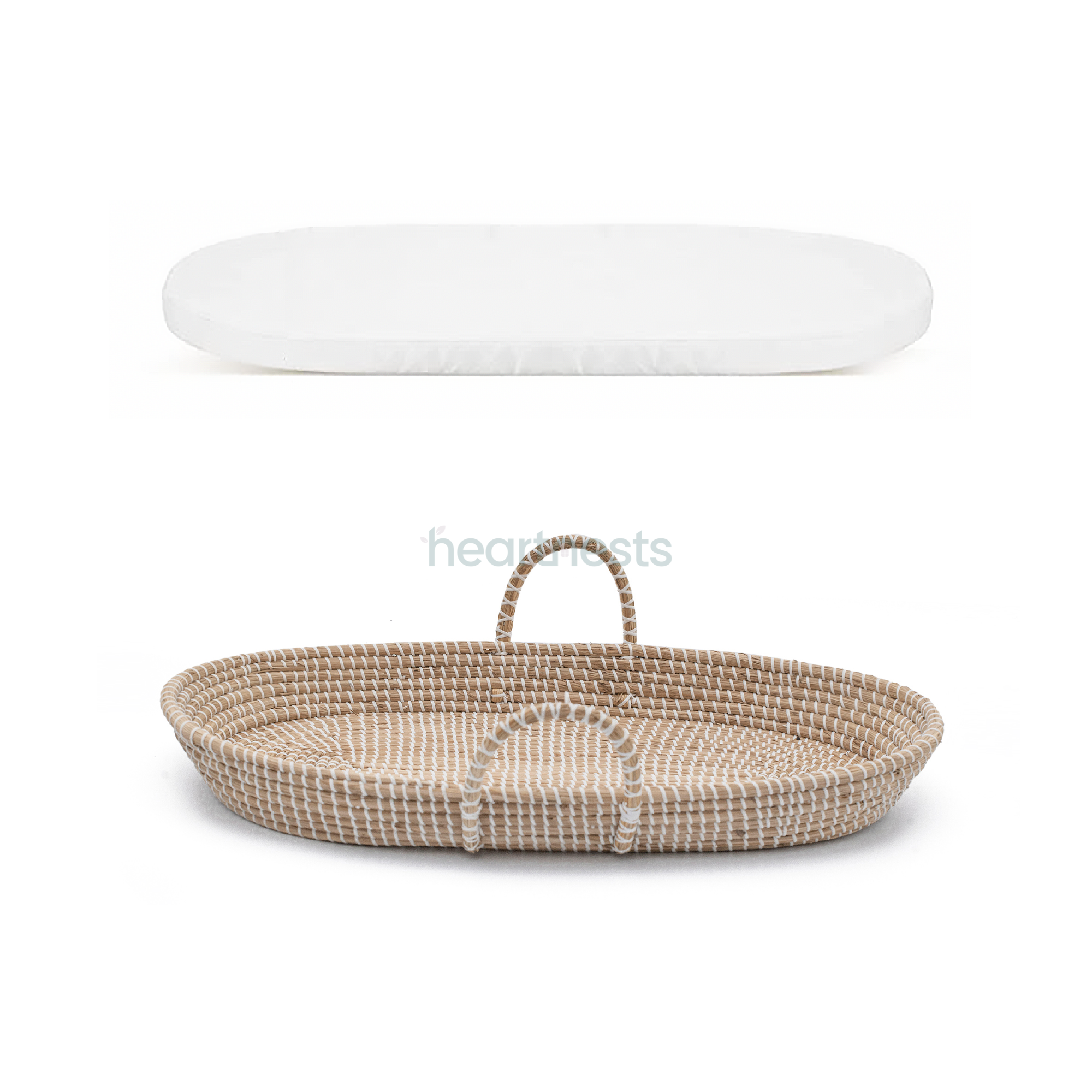 A close view of Heartnests's Bubish Baby Changing Basket with a white foam mattress with measurements on white background