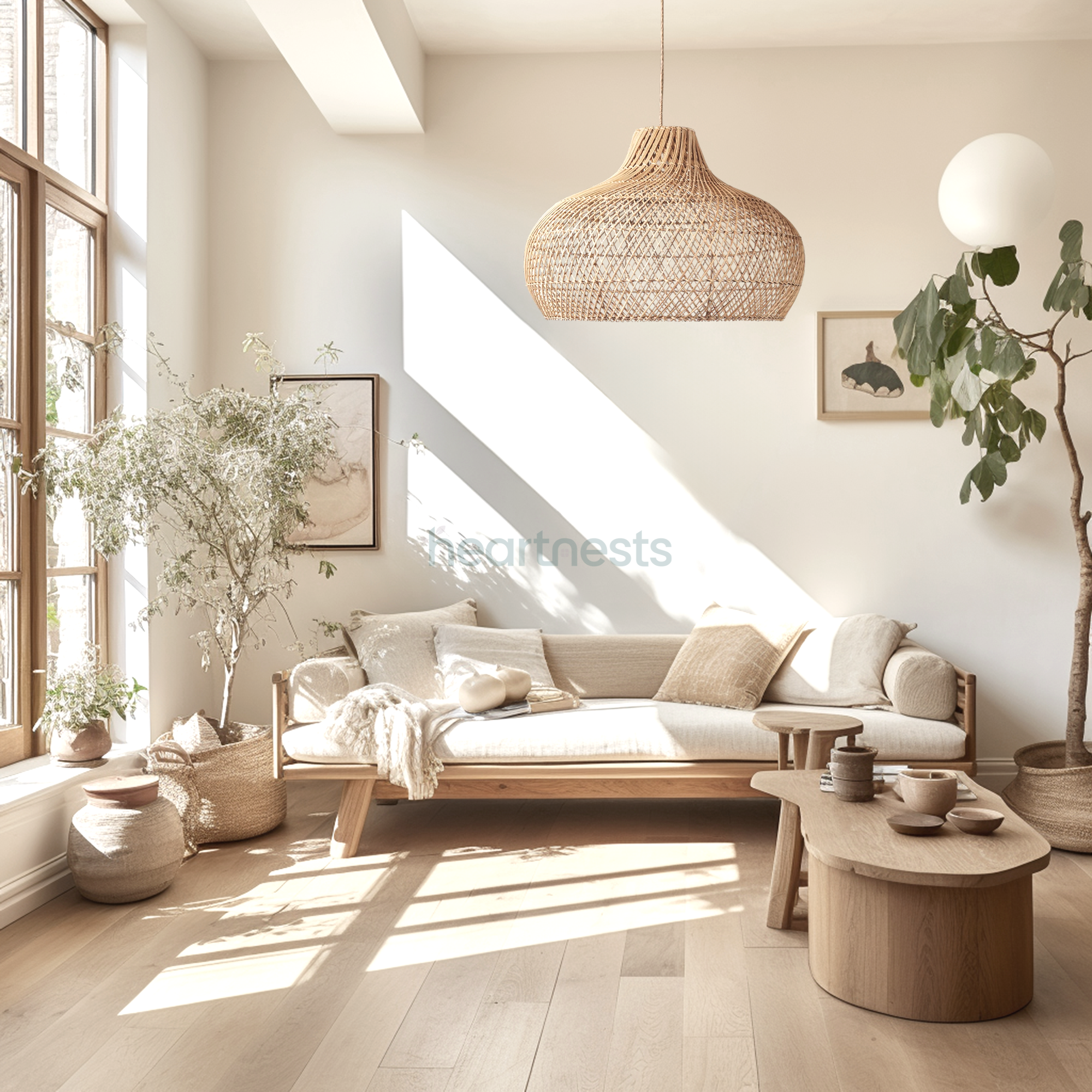 A Heartnests's Fraser Wicker Pendant Light is hung in a rustic farmhouse living room on the right hand side of the image, above a rustic wooden living room and classic style neutral colour couch which is next to a fig pot plant covered by a lot of sunshine