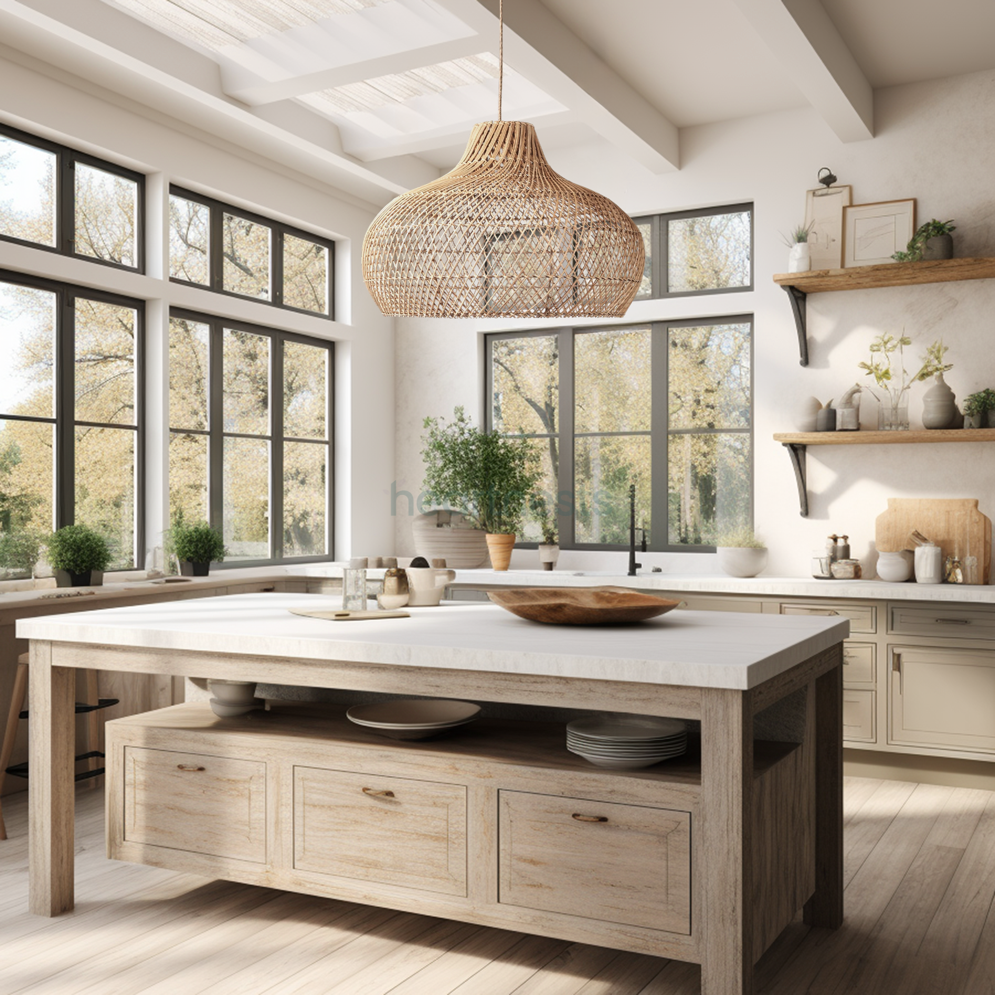 A Hearnests's Fraser Wicker Chandelier is hung in a farmhouse style kitchen, above a neutral color wooden kitchen island with marble surface