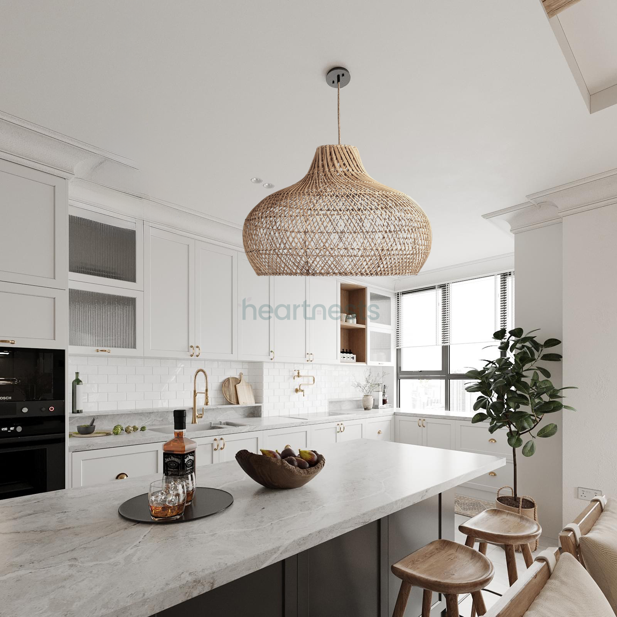A Heartnests's Fraser Rattan Lampshade is hung above a gray kitchen island in a contemporary decor style house