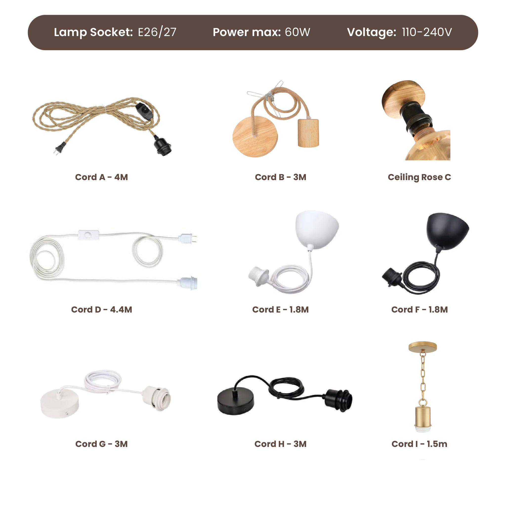 A product parts specification chart showing multiple lamp socket and cord options with labels and measurements on a white background. Items include Cord A through Cord I, plus a ceiling rose, with text indicating lengths and power/voltage specs.