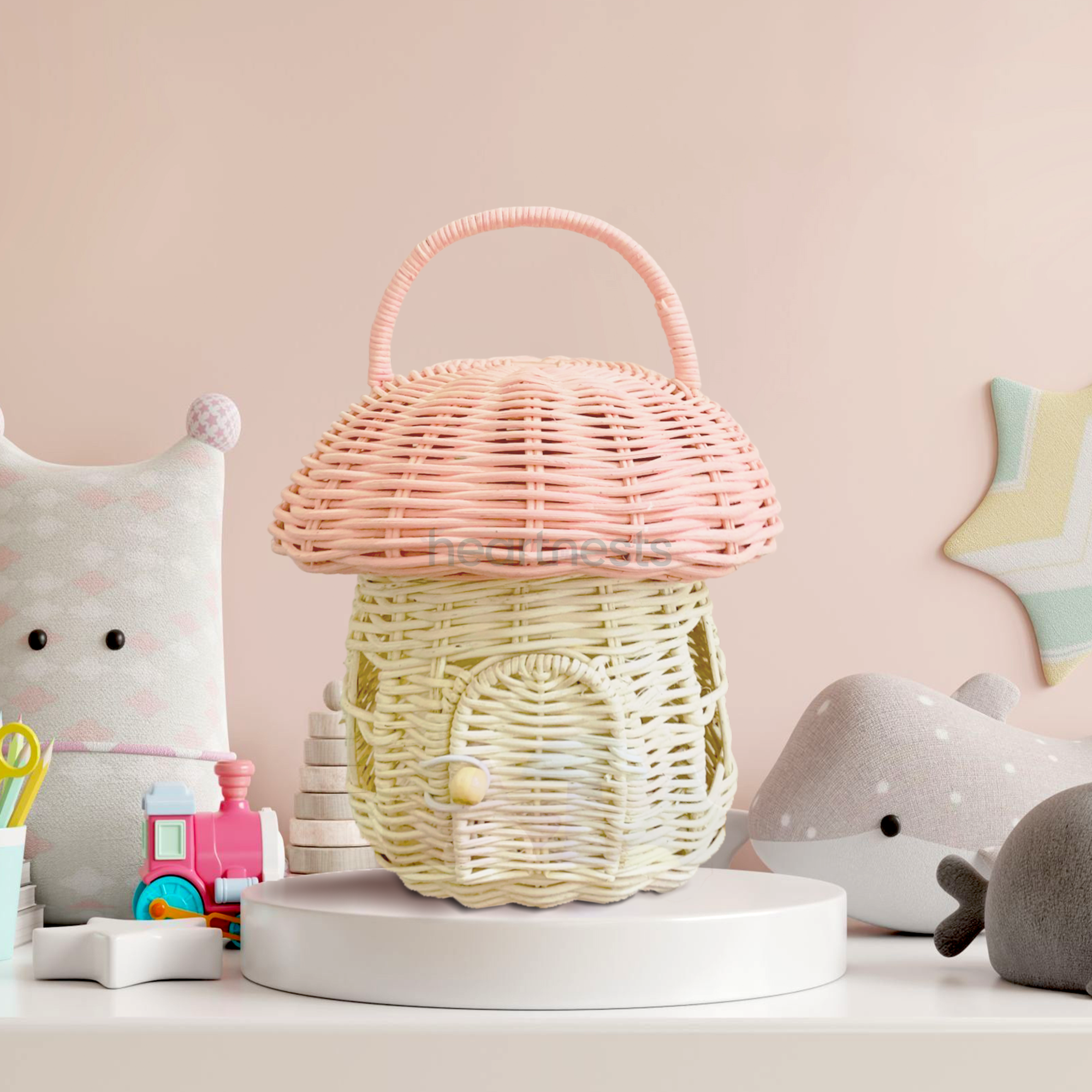 Heartnests' Pinky Rattan Mushroom is in a dreamy nursery with 2 bunny teddy bears