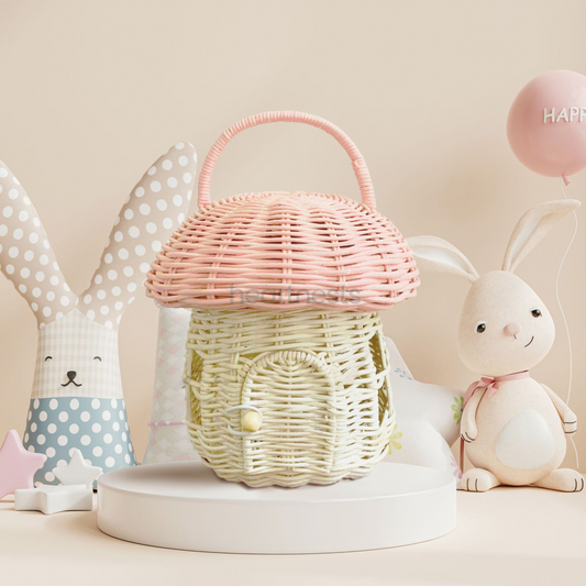 Heartnests' Pinky Rattan Mushroom is in a dreamy nursery with 2 bunny teddy bears