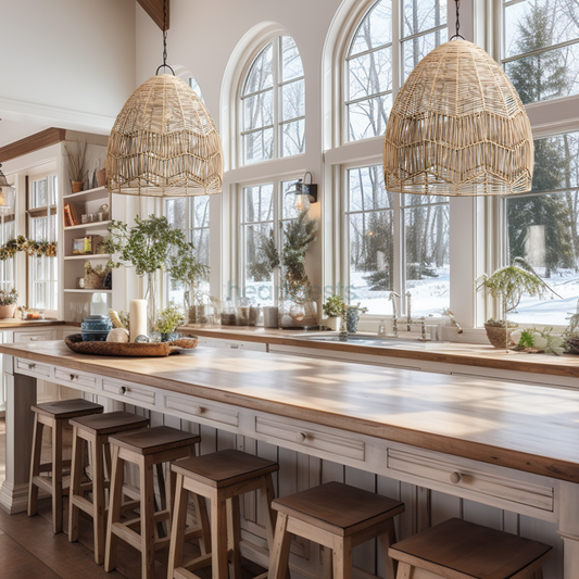 2 large Lacy rattan pendant lights from Heart Nests are hung side by side in a dining area, above a long wooden desk looking out from a window to a beautiful view
