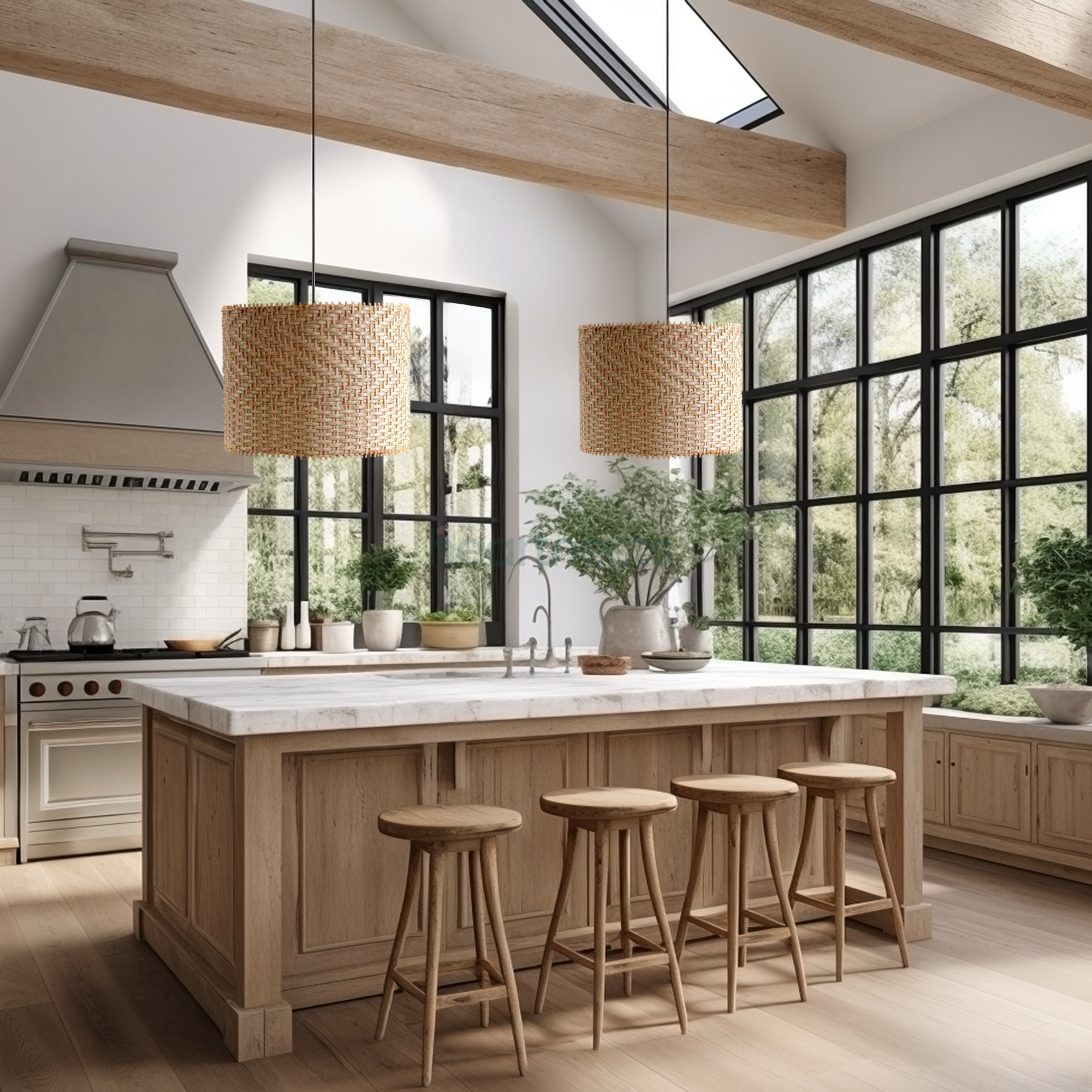 2 Heartnests' Lifa Rattan Pendant Lights are hung above a farmhouse style kitchen island in a farmhouse kitchen with a big window