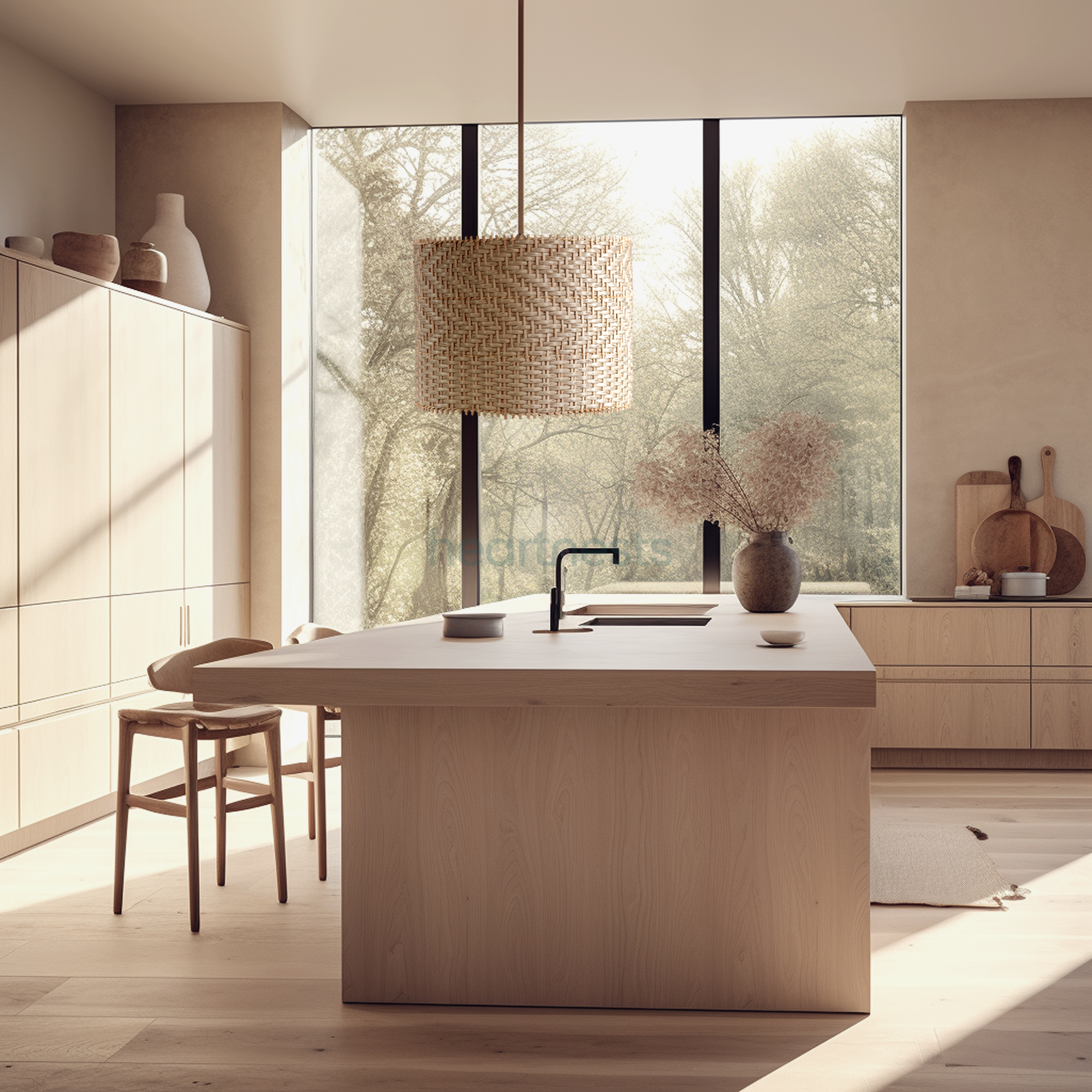 A Heartnests' Lifa Rattan Pendant Light is hung above a wooden kitchen island in a farmhouse rustic style kitchen full of sunshine