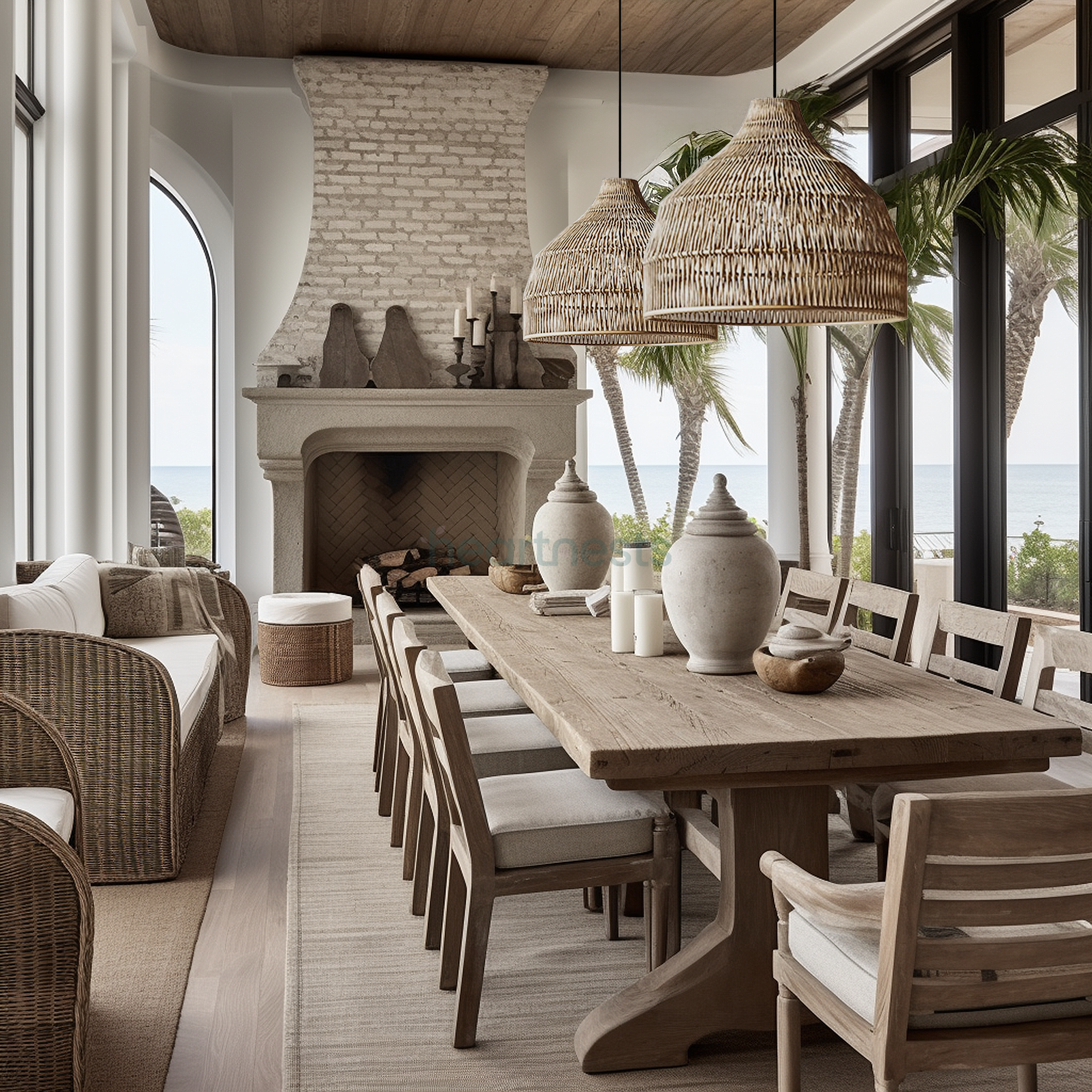 2 of Heartnests' Lombok Jute Wicker Lampshades are hung above a rectangular wooden dining table with 10 wooden chairs in a coastal farmhouse style kitchen opened up to a living room