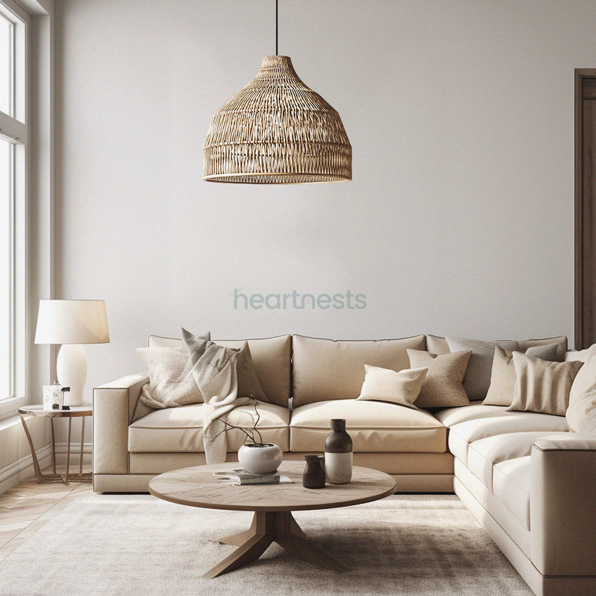 A Heartnests' Lombok Seagrass Wicker Pendant Light is hung above a wooden round table and a 3 seater light grey color sofa