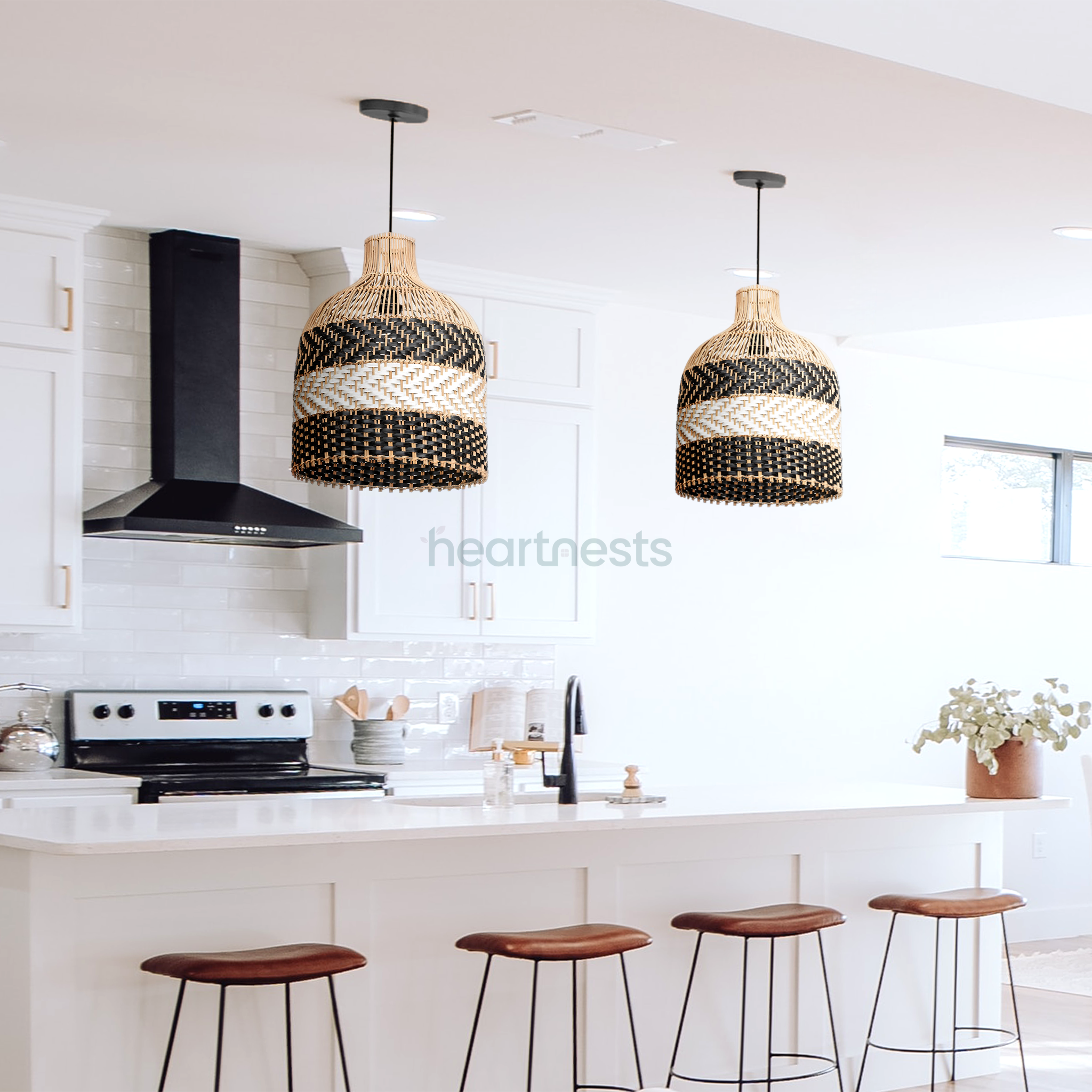 2 of Heartnests' Luka Wicker Pendant Lights are hung side by side above a white kitchen island and 4 wooden kitchen stools in a hampton style kitchen