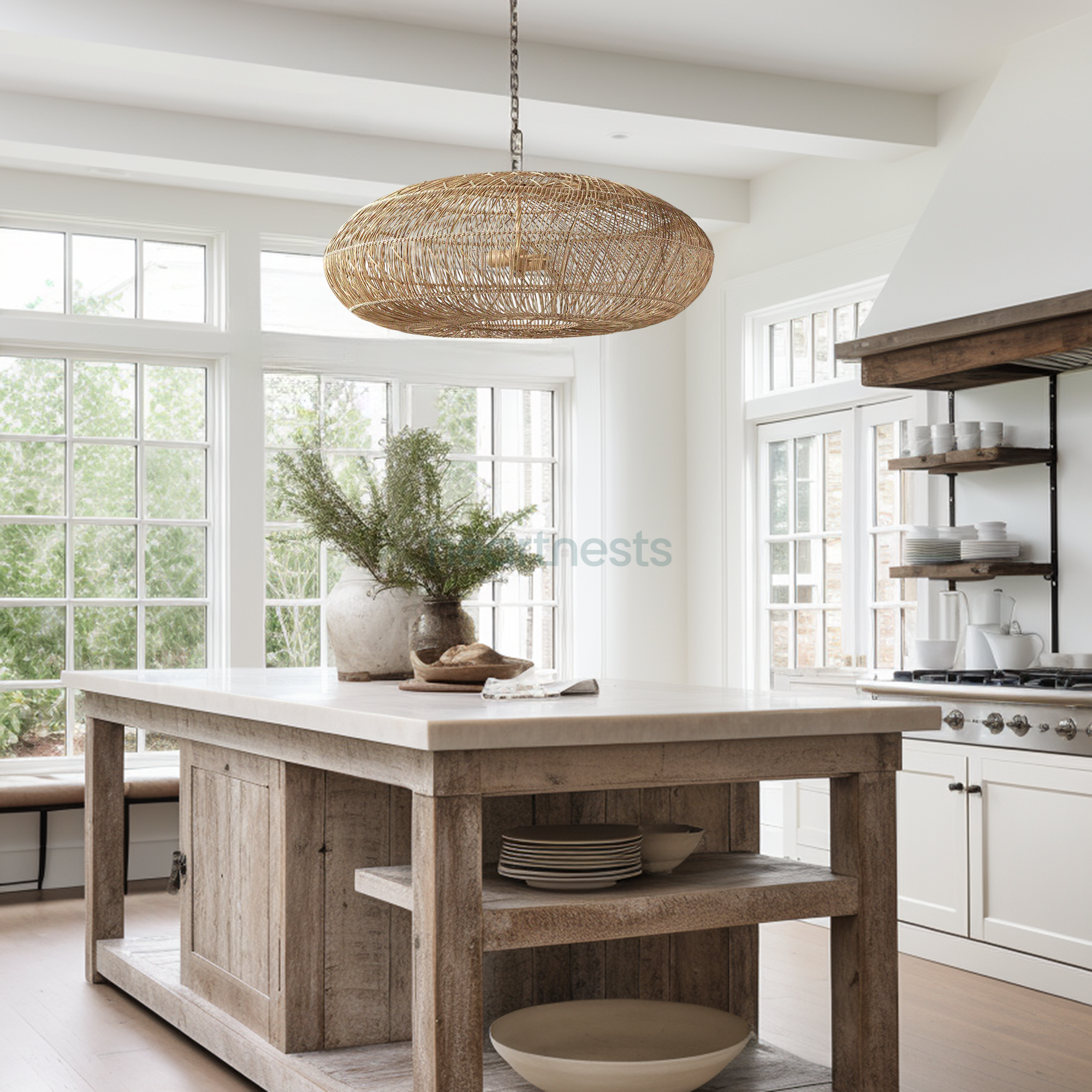 A Hearnests' Maldives Rattan Pendant Light is hung above a wooden kitchen island in a farmhouse style kitchen