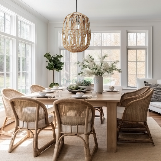 A Heartnests' Malee Rattan Pendant Light is hung above a rectangular wicker living room table and 6 rattan chairs in a coastal style living room