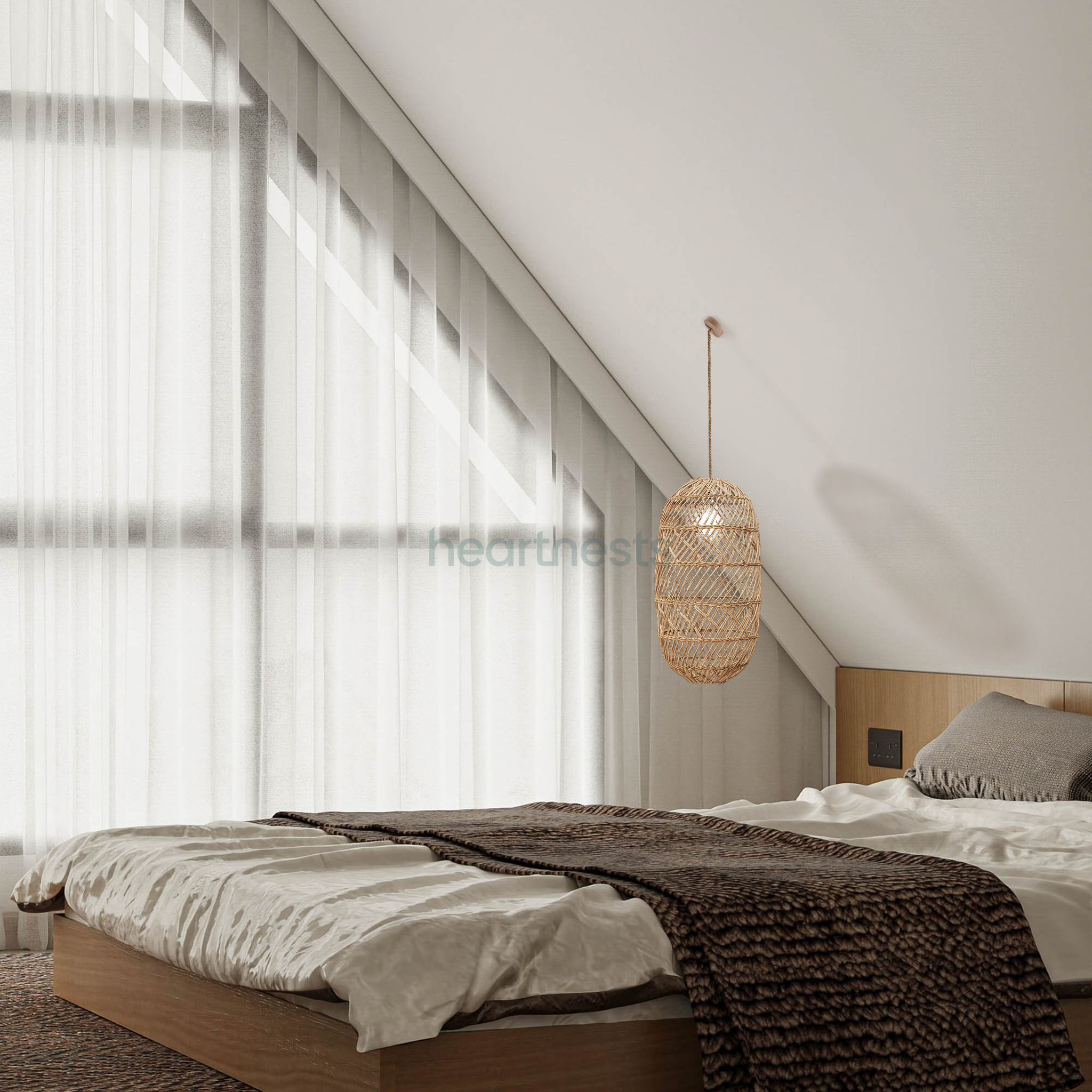 A Heartnests' Moreton Rattan Pendant Light is hung from a vaulted ceiling above a wooden frame bed in a terrace bedroom with large window