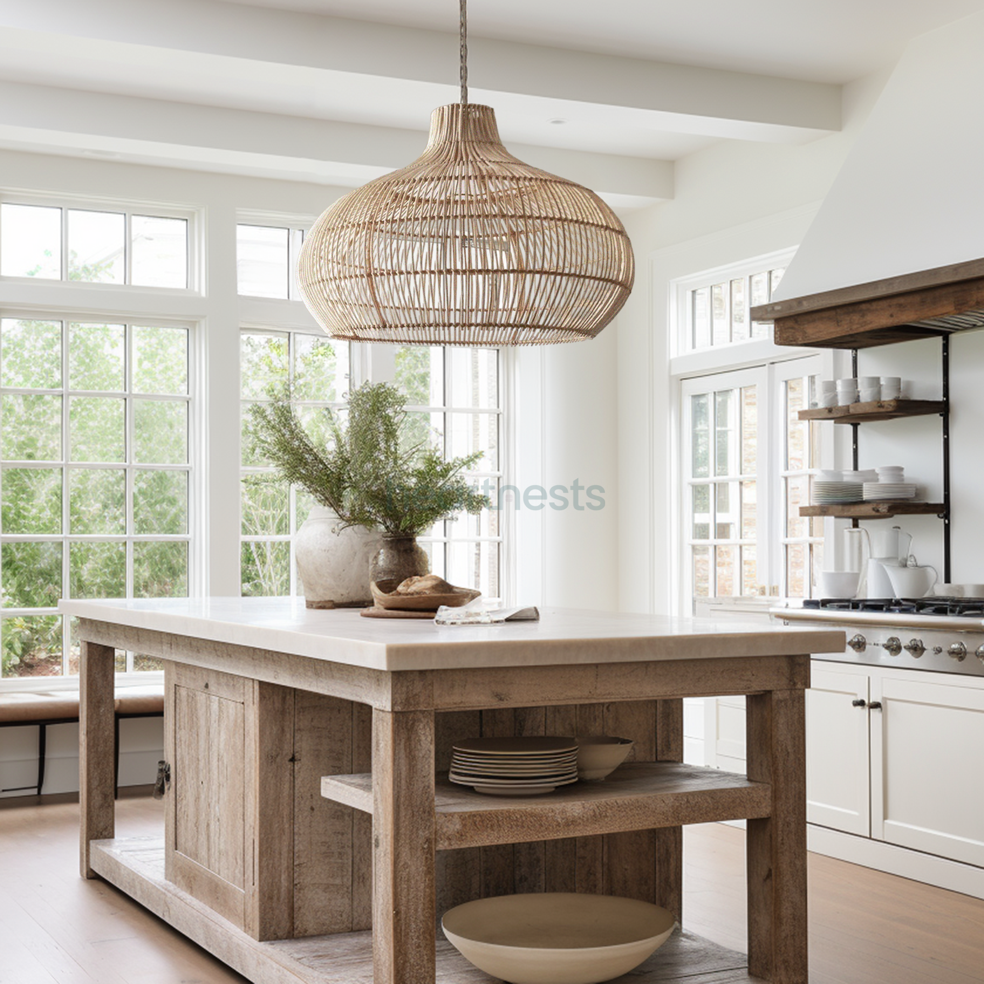 A Heartnests' Santa Barbara Wicker Pendant Light is hung above a white marble top kitchen island in a farmhouse style kitchen island with a big window and white colour theme