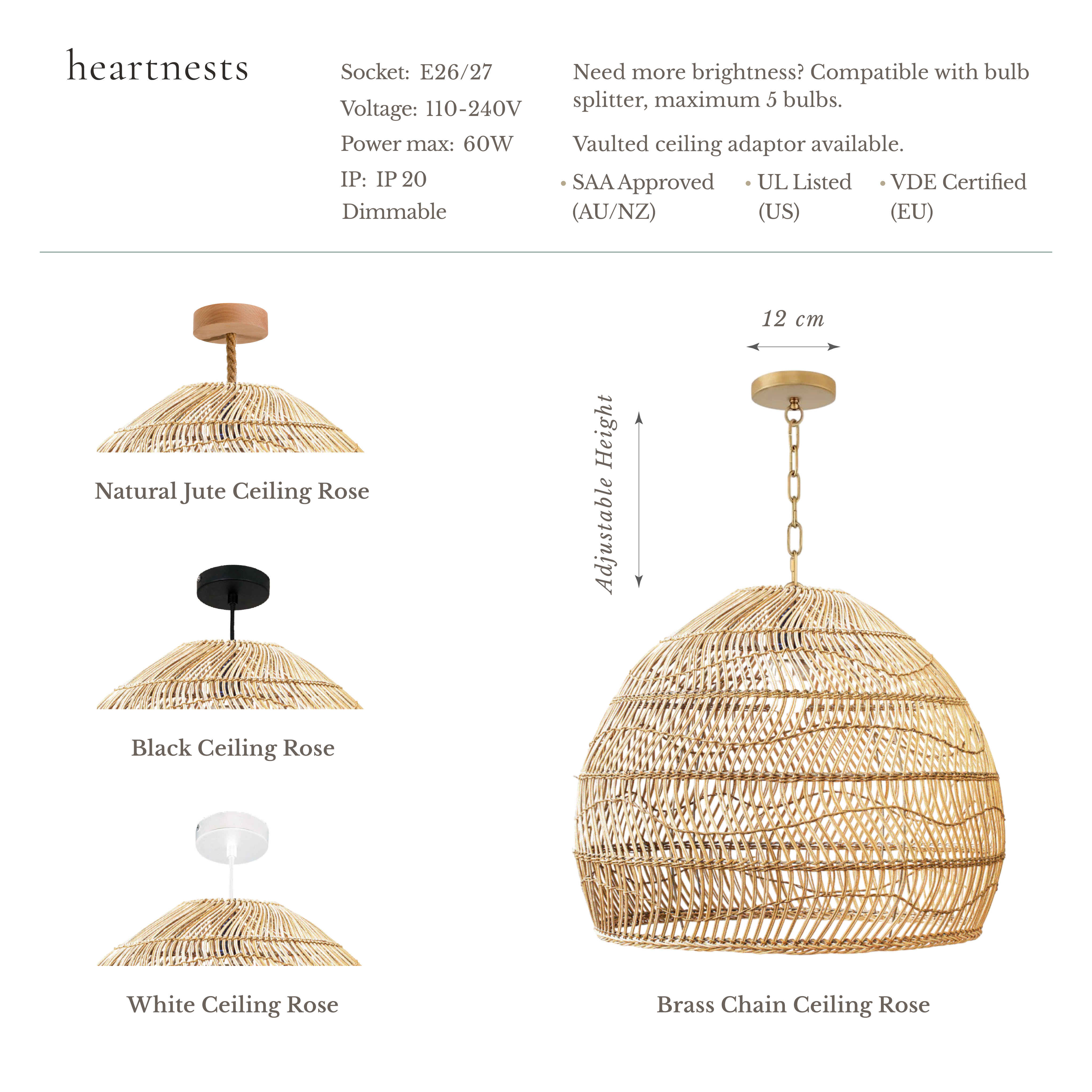 Timea Rattan Pendant Light - Handwoven Cane Rattan Dome Pendant Lamp