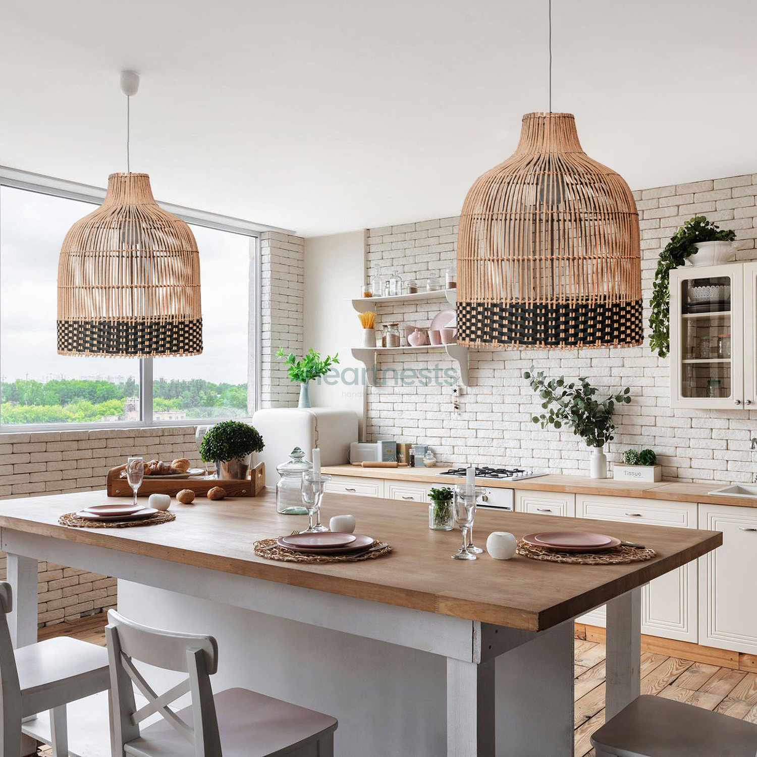 Heartnests's 2 Ayla rattan hanging light are hung side by side above a wooden top, gray tone colour kitchen island inspired by farmhouse decor style