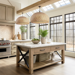 2 Heart Nests's Alinta bamboo hanging lights are hung side by side above a rustic farmhouse wooden kitchen island