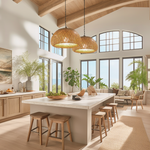2 Heart Nests's Alinta bamboo ceiling lights with lights on are hung side by side above a large farmhouse kitchen island viewing to a large window with a lot of sunshine
