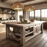 2 Heart Nests's Alinta bamboo ceiling lights with lights on are hung side by side above a farmhouse wooden kitchen island