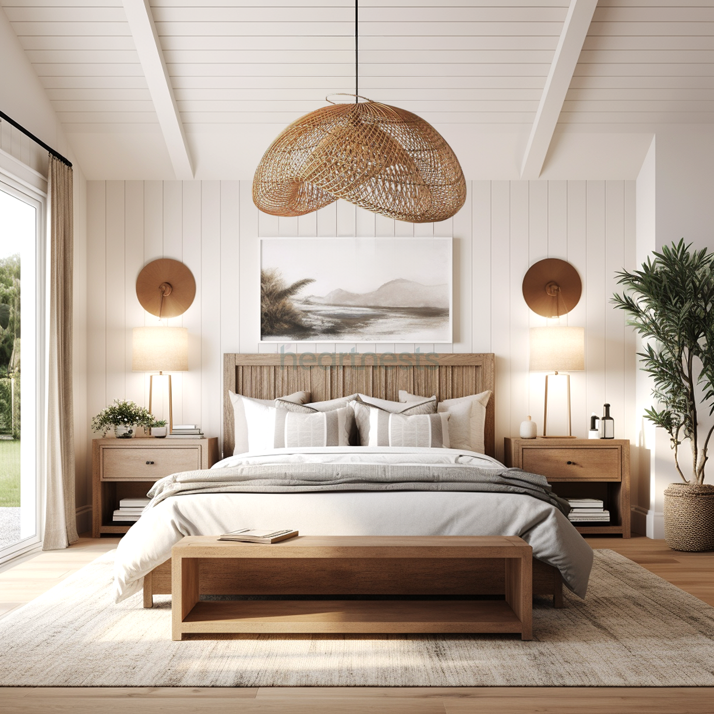 Heart Nests's Amelia rattan pendant light is hung above a wooden bed with 2 matching bedside tables next to a big pot plant, inspired by wabisabi style