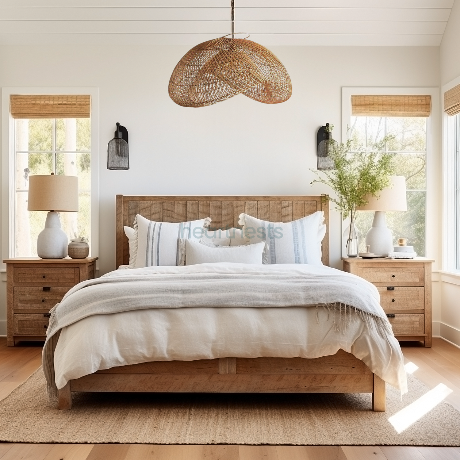 Heart Nests's Amelia rattan pendant light is hung above a wooden bed with 2 matching bedside tables next to 2 windows, inspired by coastal boho style