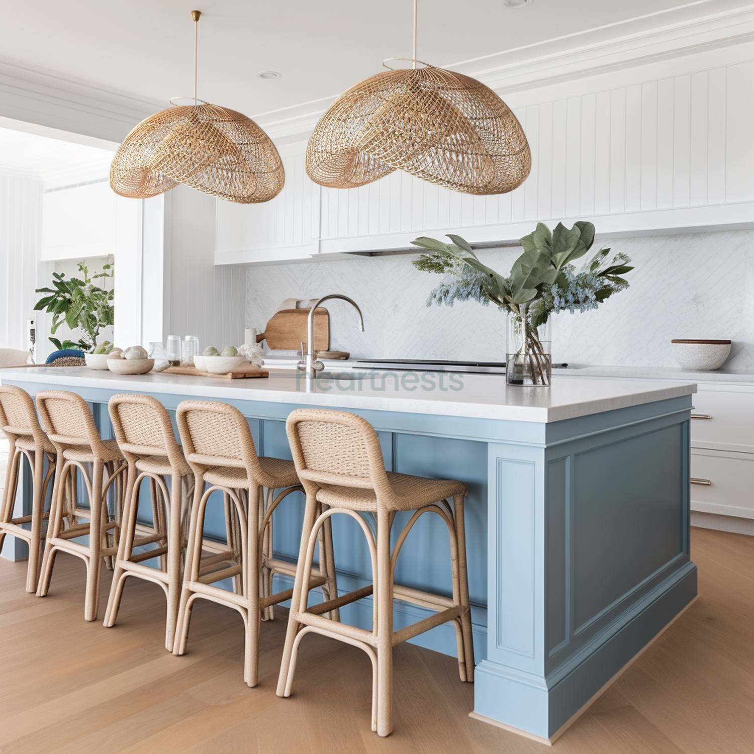 2 of Heart Nests's Amelia rattan pendant light are hung side by side above a white marble top blue colour kitchen island