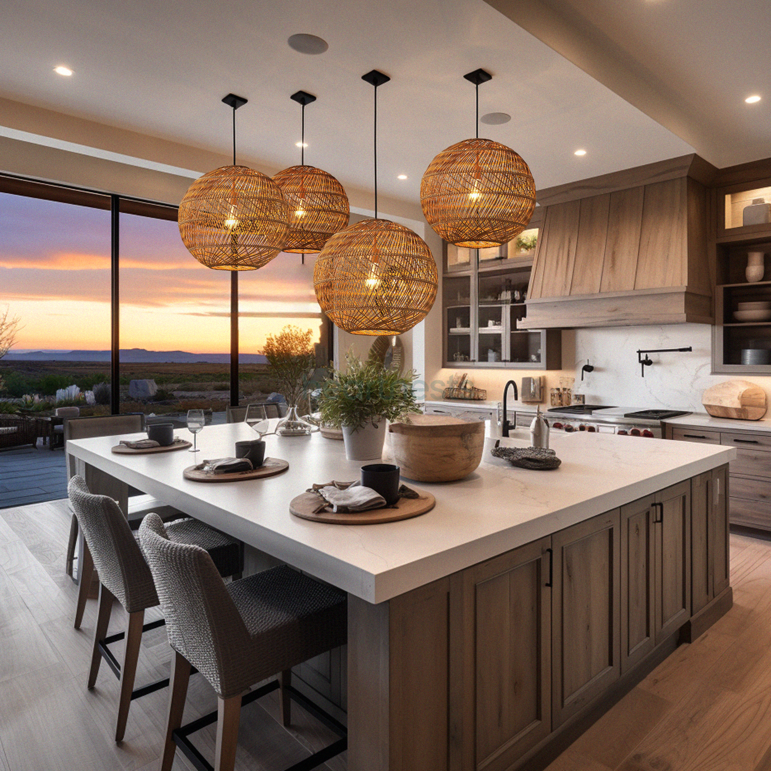 A cluster of 4 Ballia round shape wicker hanging lights are hung above a square shape white marble top kitchen island next to a large window looking out to hill view in sunset