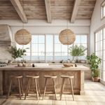 2 Ballia round shape rattan pendant lights from brand Heart Nestsare dropped down from timber ceiling to  a wooden farmhouse kitchen island with 3 wooden kitchen stools