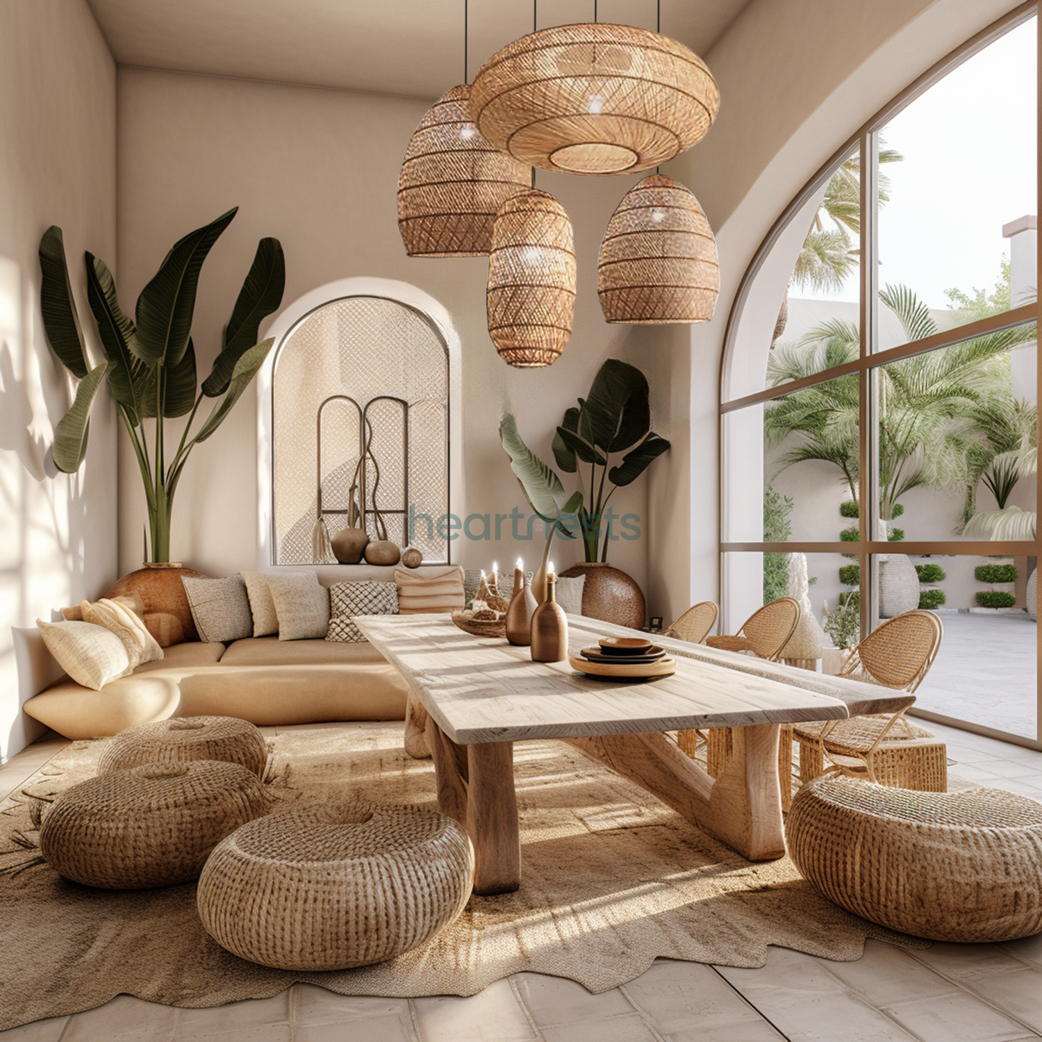 A Heartnests' Bundle of 4 Wicker Pendant Lights in various shapes are hung above a wabi sabi wooden living table in a wabi sabi decor style living room