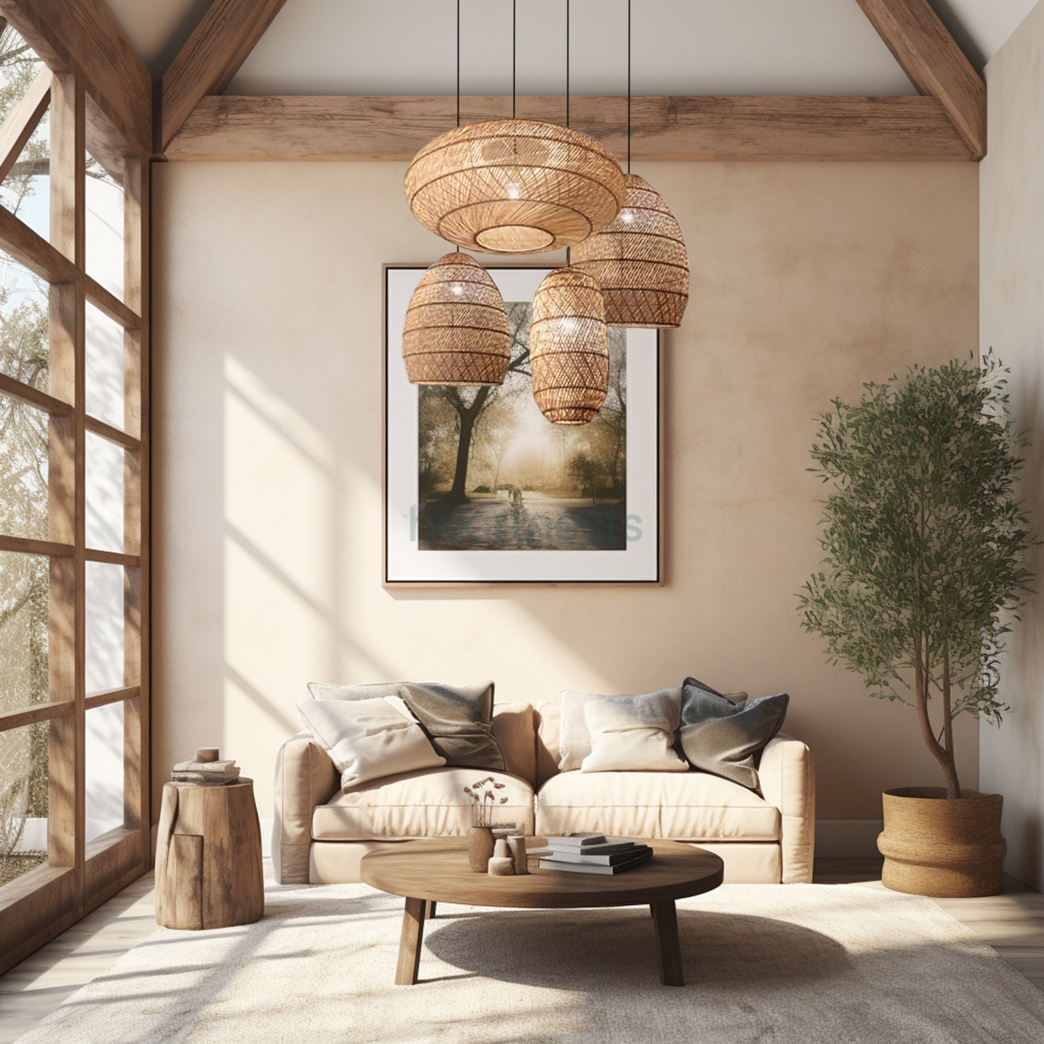 A bundle of 4 rattan pendant lights including 1 Brighton Rattan Pendant Light size L, 1 Brighton rattan pendant light size M, 1 Moreton, 1 Maldives size L or Medium are hung in a rustic boho farmhouse living room, next to a big bright window and above a wooden round living room table with a 2 seater cloud chase sofa in neutral tone