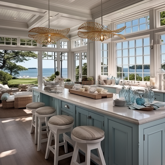 2 of Heartnests's Correa Bamboo Pendant Lights are hung above a white marble top blue kitchen island in an open air kitchen with large window and looking out to a beautiful valley