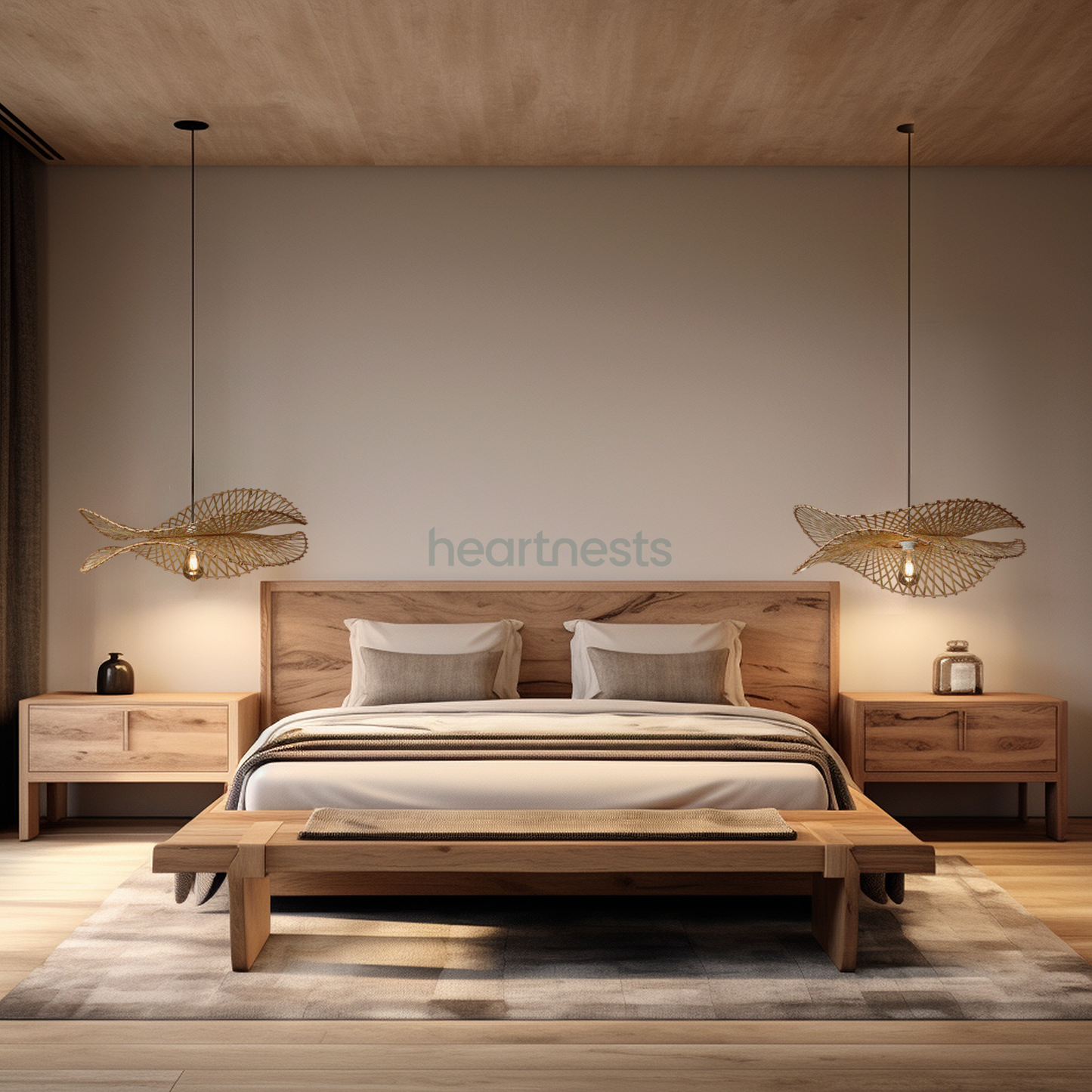 2 of Heartnests's Correa Wicker Pendant Lights with lights on are hung above 2 bedside tables and a wooden bed in a rustic bedroom decor setting