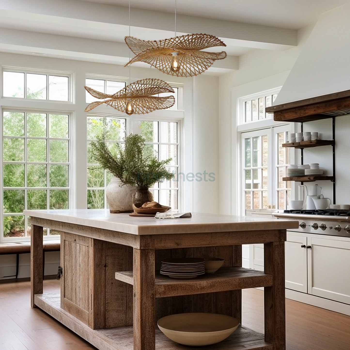 2 of Heartnests's Correa Bamboo Lampshades in size Large and Medium are hung above a farmhouse style kitchen island