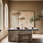 2 of Heartnests'  Double Layer Hakea Bamboo Pendant Lights are hung above a kitchen island in a rustic decor style kitchen