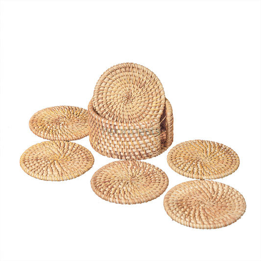 6 of Heartnests's Costella Rattan Coasters and a coaster holder are on white background