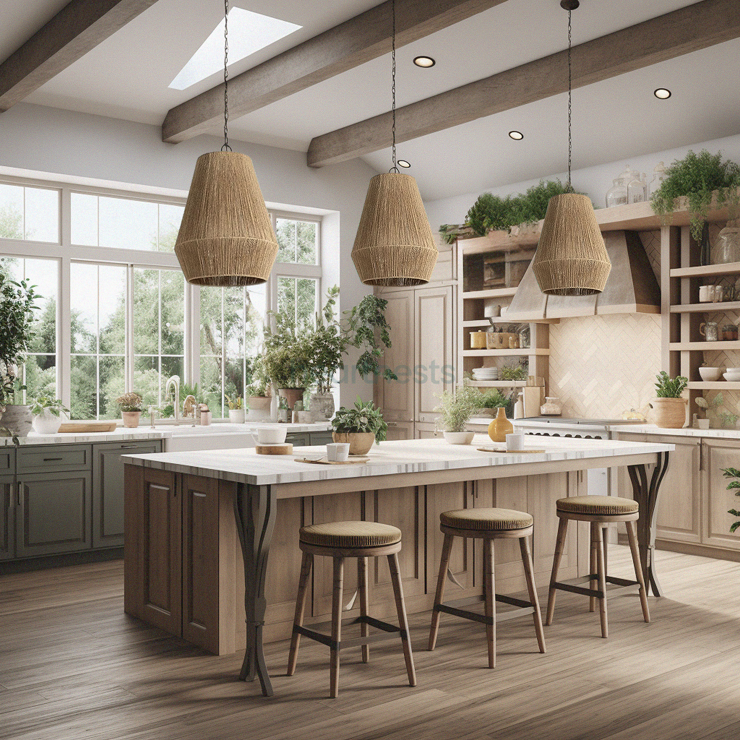 3 of Heartnests's Long Diamond Jute Pendant Lights are hung side by side above a kitchen island in a farmhouse kitchen decor setting