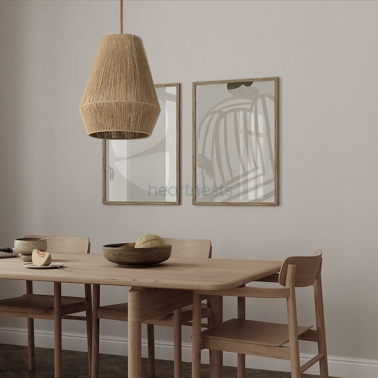 A Heartnests's Long Diamond Jute Hanging Light is hung above a wooden dining room table in a minimalistic dining room setting