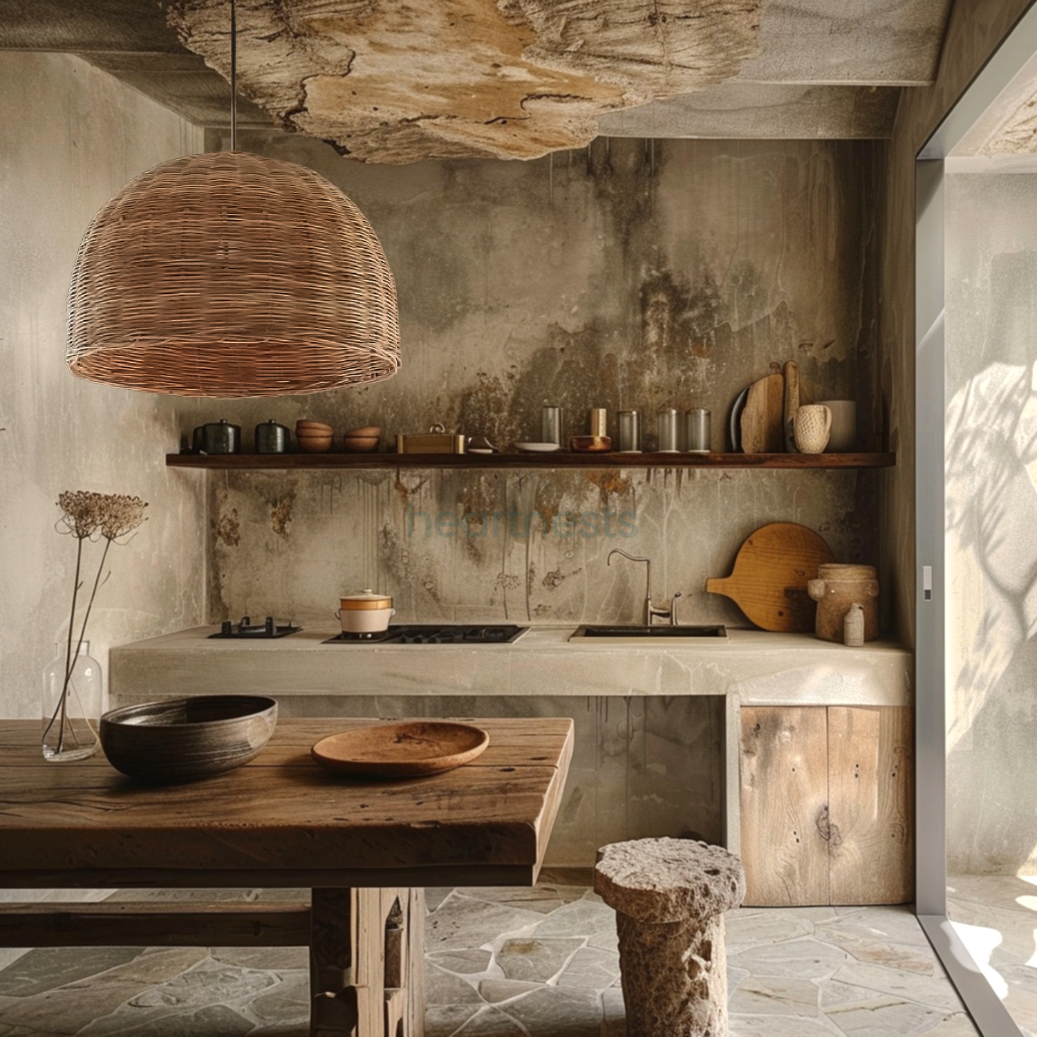 A Fansia Rattan Pendant Light is hung above a rustic wooden dining table in a rustic kitchen decor setting