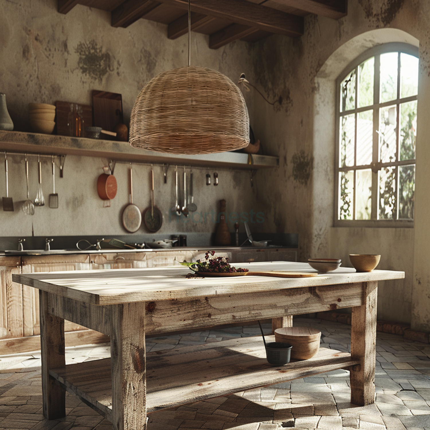 A Heartnests's Fansia Wicker Hanging Light is hung above a wooden kitchen island in a rustic kitchen decor setting