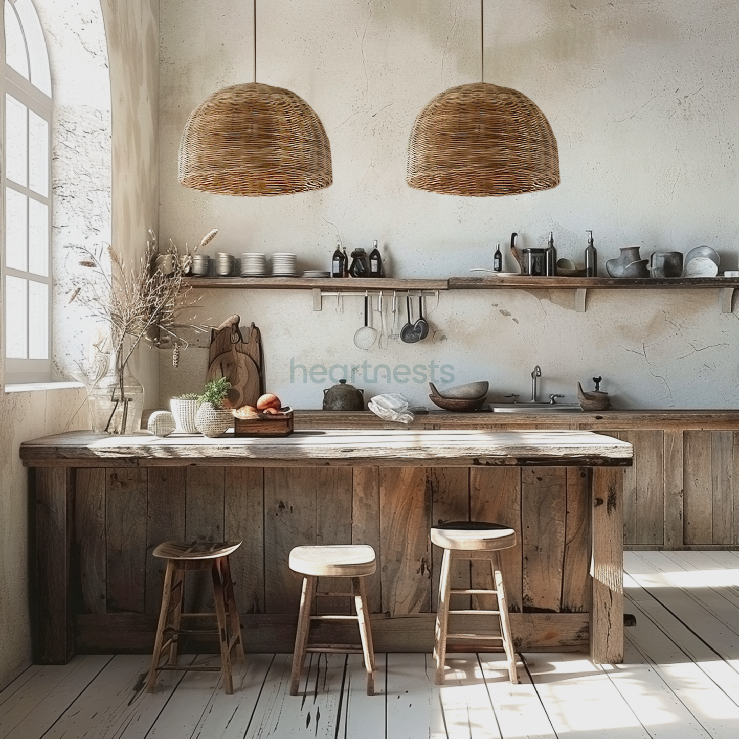 2 of Heartnests's Fansia Rattan Pendant Lights are hung side by side above a wooden dining table in a rustic boho kitchen decor setting