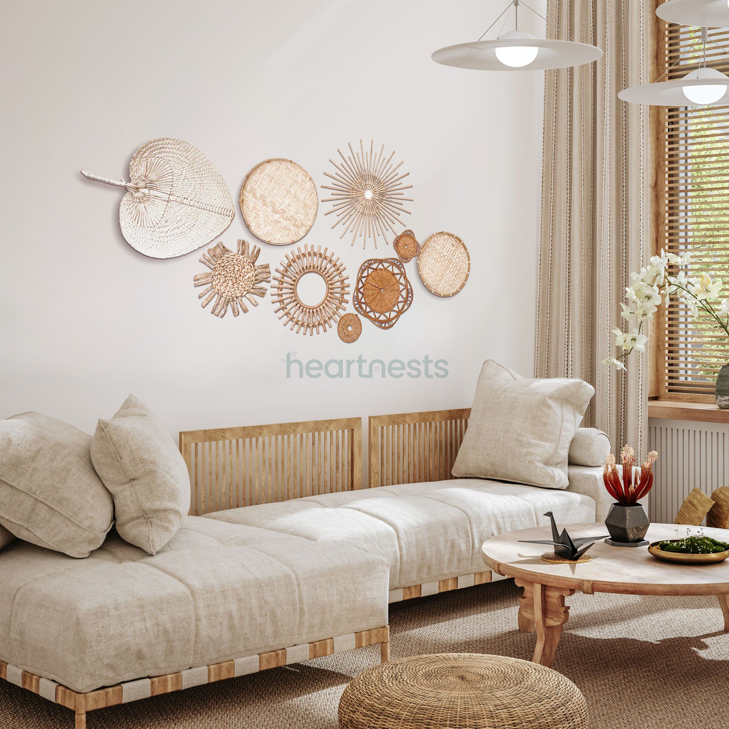 A Heartnests' set of 9 Freiya rattan and seagrass wall decor