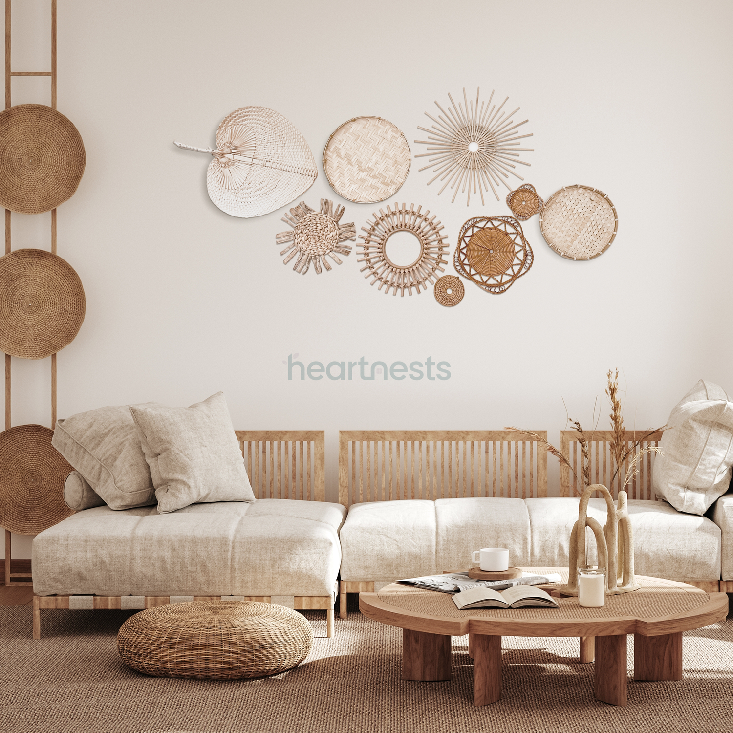 A Heartnests' set of 9 Freiya rattan and seagrass wall decor is hung above a rattan lounge following beautiful Bohemian home decor style