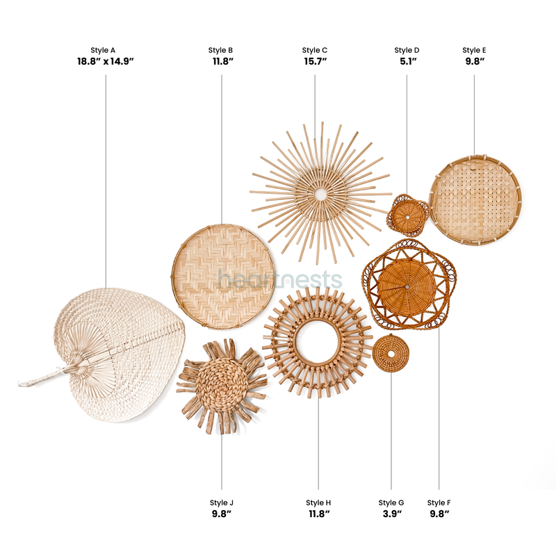 A Heartnests' set of 9 Freiya rattan and seagrass wall decor with specific measurements on a white background
