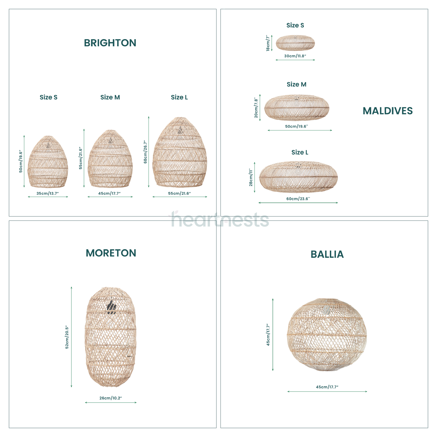 Heartnests' Maldives, Brighton, Ballia and Moreton rattan pendant lights with all available sizes illustrated on a white backround