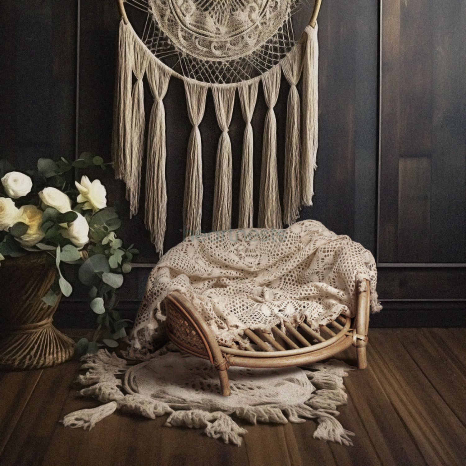 A Heartnests' Lilly Rattan Baby Prop in natural rattan colour is placed on a small white macrame and next to a flower seagrass basket and in front of a large size macrame dream catcher hung down from the wall