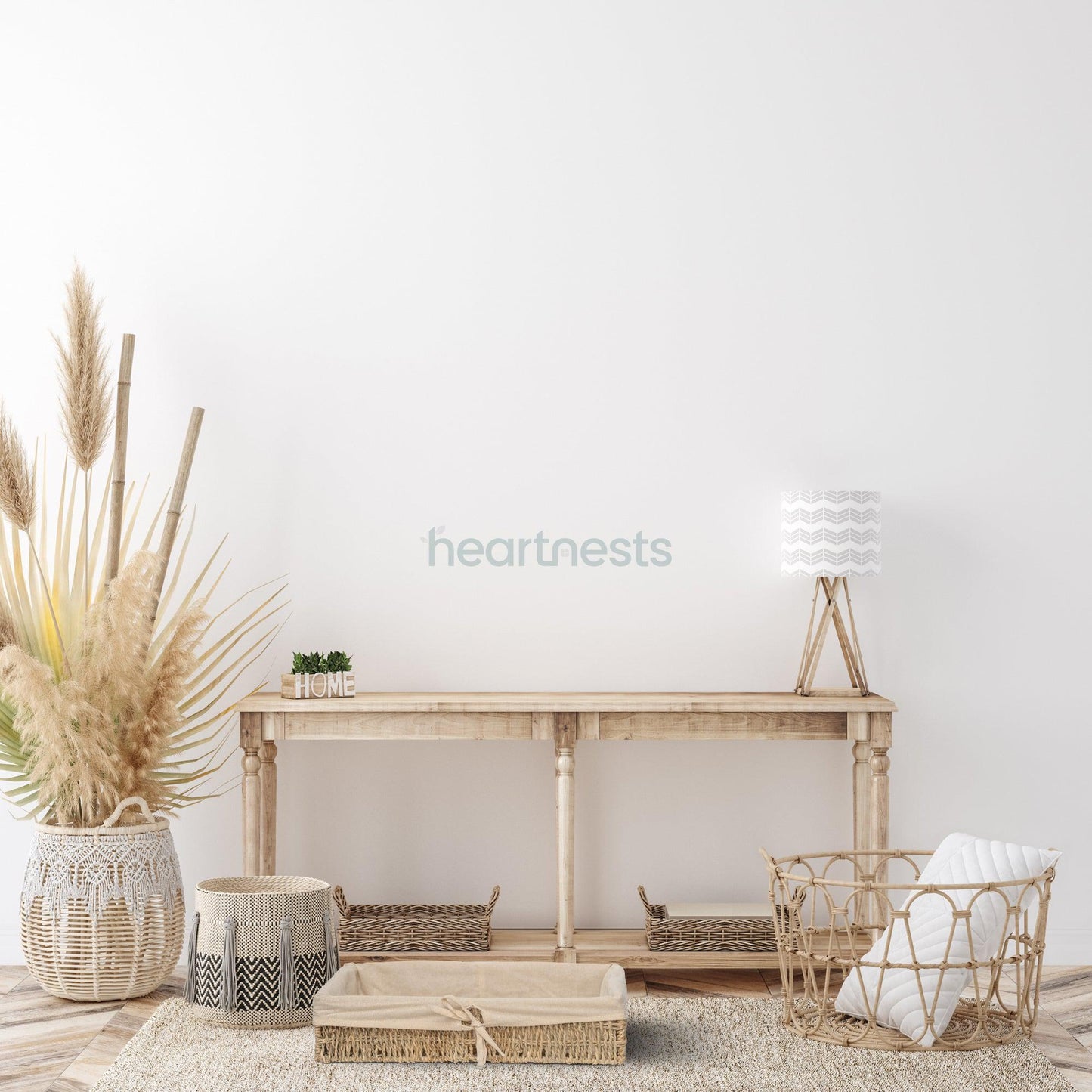 A Heartnests' Mimi Seagrass Organiser is on a floor of a living room area