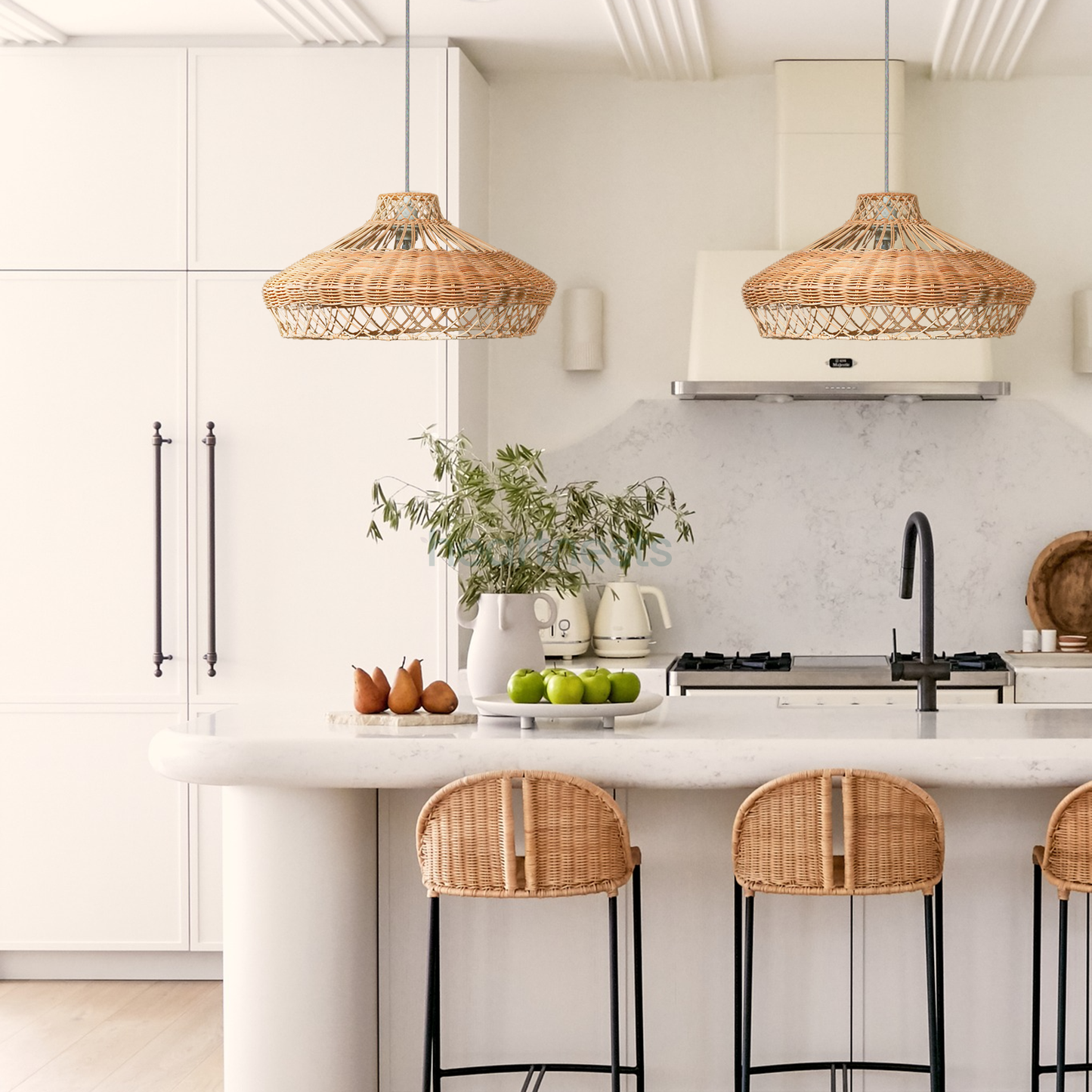 2 Heartnests' Pam Wicker Hanging Lampshades are hung above a white marble top kitchen island with 3 rattan dining stools