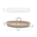 A close view of Heartnests's Bubish Baby Changing Basket with a white foam mattress with  measurements on white background
