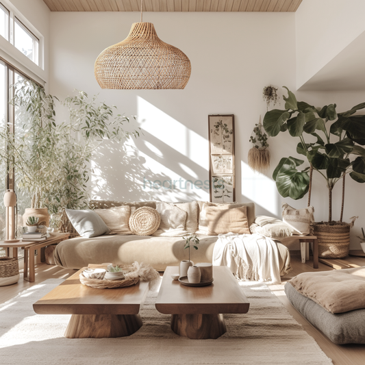A Heartnests's Fraser Wicker Pendant Light is hung in a rustic farmhouse living room, above a rustic wooden living room and classic style neutral colour couch which is next to a fig pot plant covered by a lot of sunshine